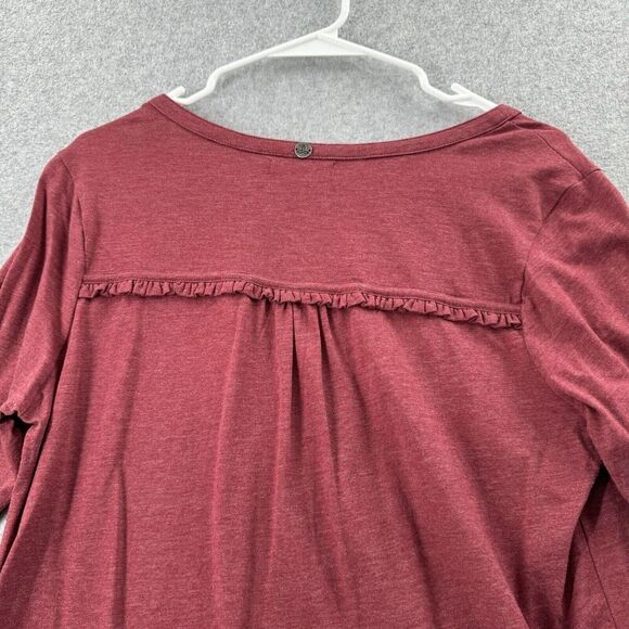 PrAna T-Shirt Womens Medium Dark Red Long Sleeve V-Neck Tee Basic Ruffle Accent - Picture 10 of 12